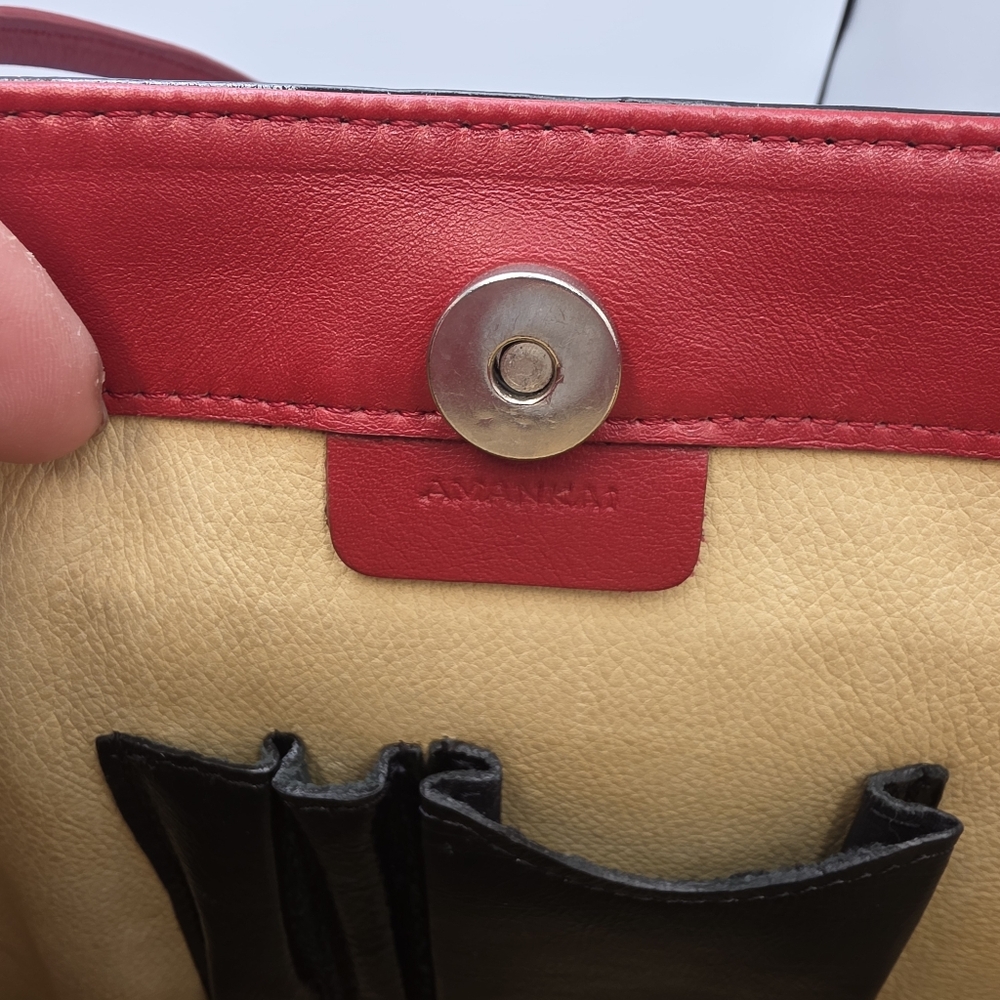 Vintage Amankai Black Leather Tote Red Handles Excellent Cond Attached Pouch - Picture 2 of 9